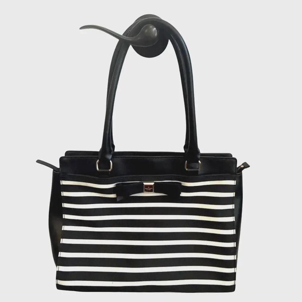 Kate Spade Black Leather with Black and White Striped Shoulder Tote Bag